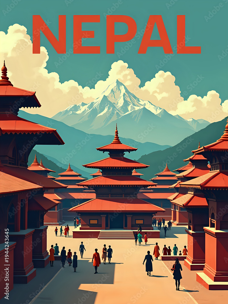 Visitors explore a historic site in Nepal filled with red buildings and a backdrop of mountains and clouds. People walk around enjoying the architecture and scenery on a clear day.