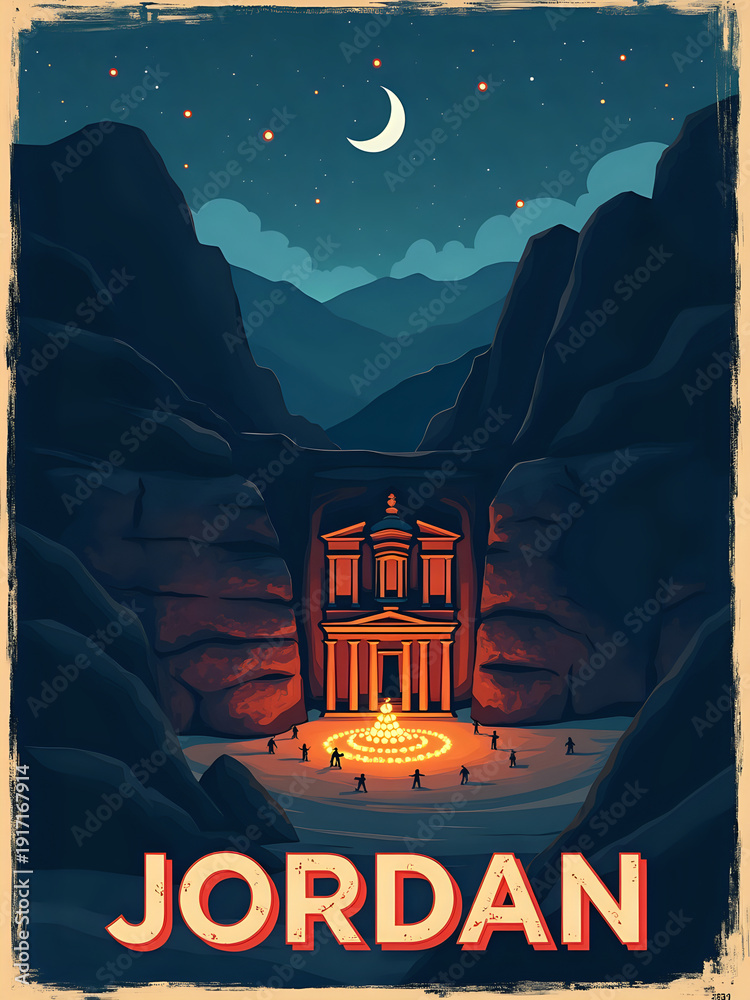 Visitors explore the ancient site of Petra in Jordan at night. The iconic rock-cut architecture is illuminated by lights. A crescent moon shines above while stars fill the sky.