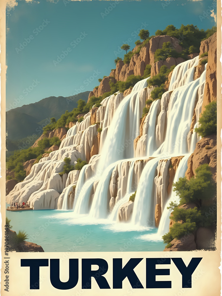 Water flows over multiple terraces and rocks creating large waterfalls. Visitors stand by the edge of a blue pool. Mountains and green trees surround the area during daylight hours.