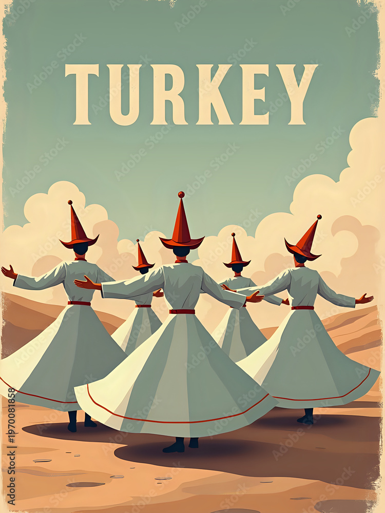 Whirling dervishes perform in a desert area in Turkey. They wear long white robes and tall hats. The sky has clouds and the sun shines in the background. This event shows tradition.